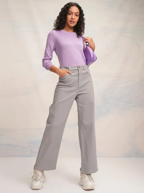 Tokyo Talkies Women Lavender Knitted Round Neck Sweater