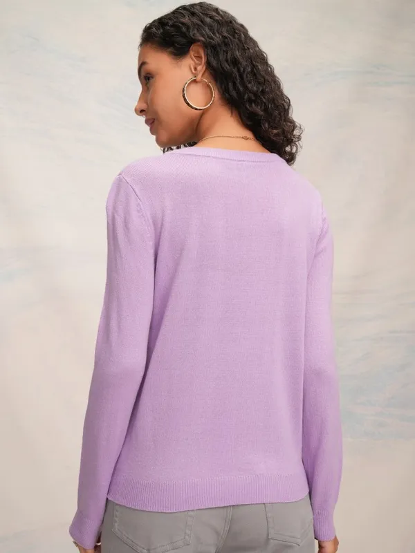 Tokyo Talkies Women Lavender Knitted Round Neck Sweater