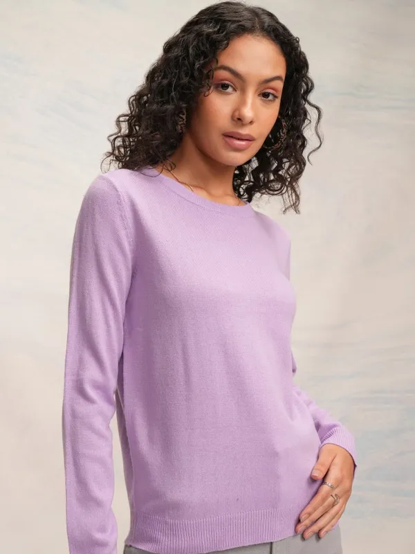Tokyo Talkies Women Lavender Knitted Round Neck Sweater