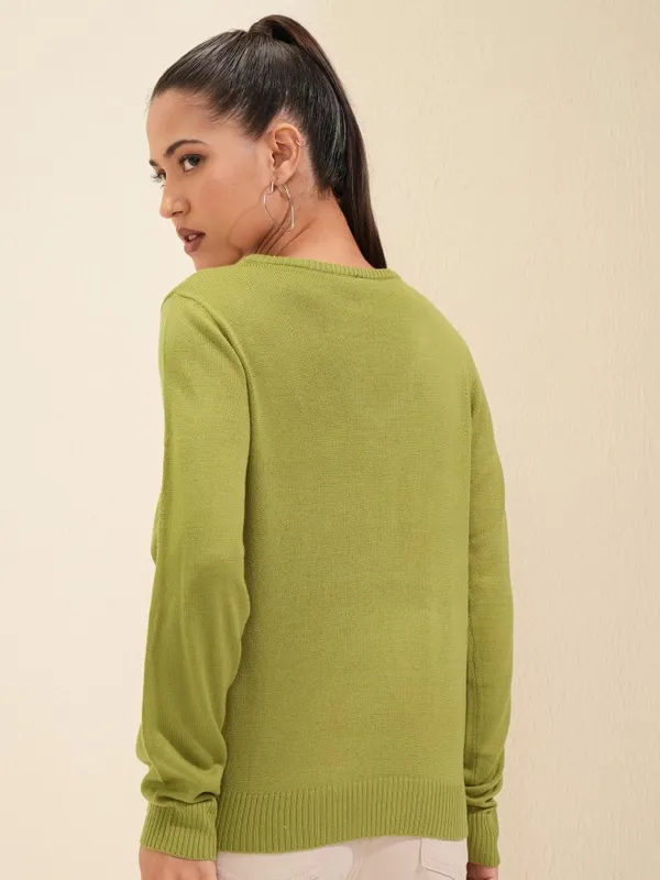 Tokyo Talkies Women Olive V-Neck Sweater