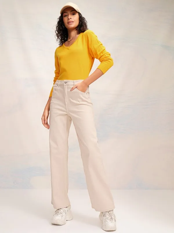 Tokyo Talkies Women Mustard Knitted V-Neck Sweater