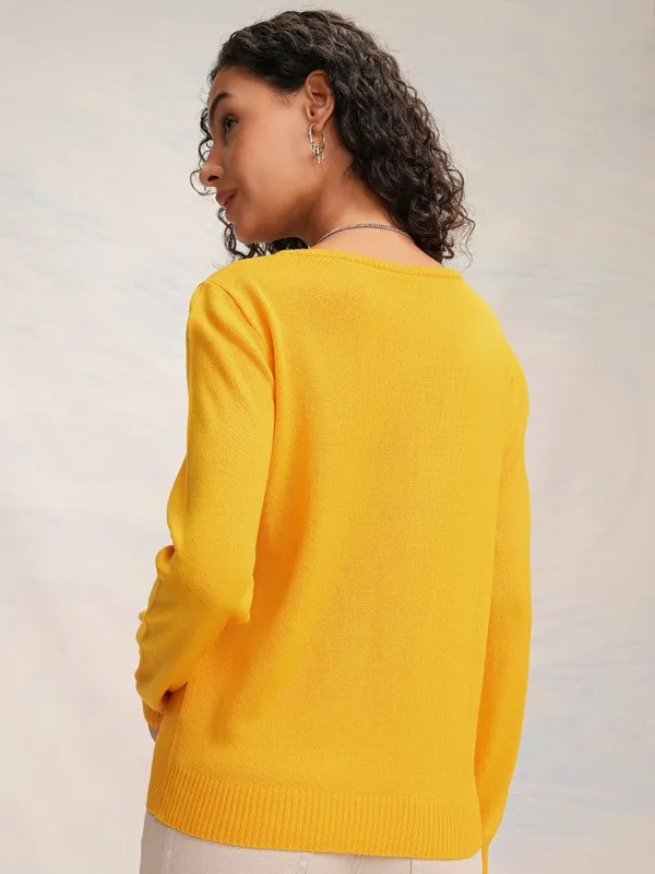 Tokyo Talkies Women Mustard Knitted V-Neck Sweater