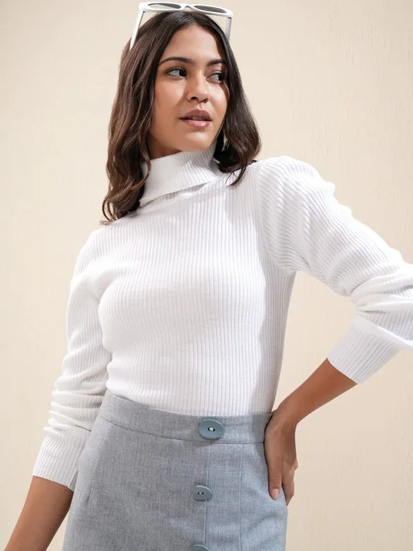 Tokyo Talkies Women White Turtle Neck Sweater