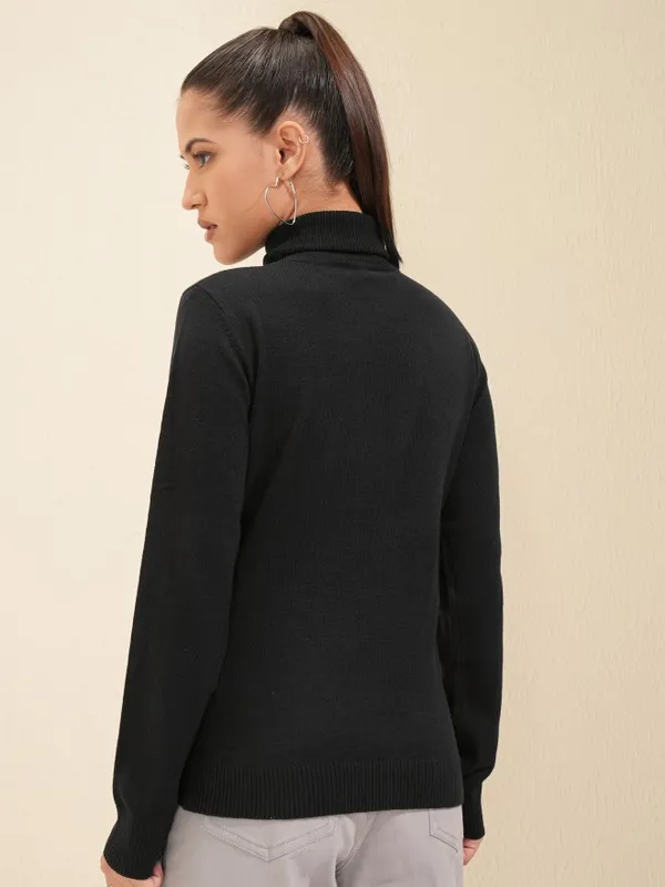 Tokyo Talkies Women Solid Jet Black Pullover Sweater