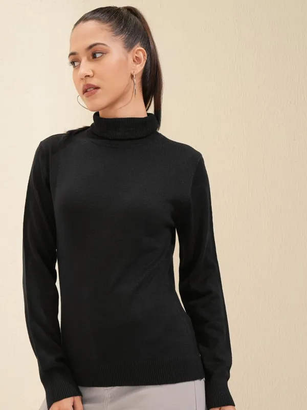 Tokyo Talkies Women Solid Jet Black Pullover Sweater