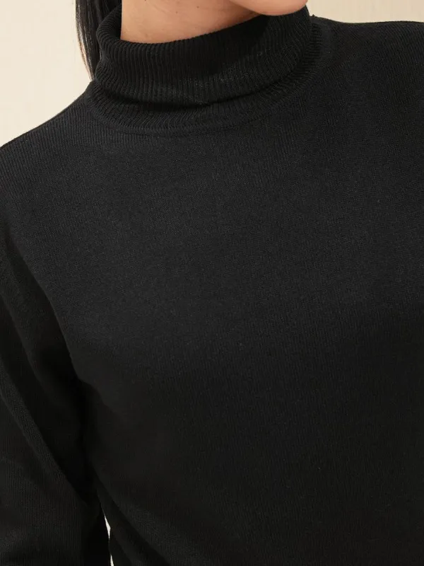 Tokyo Talkies Women Solid Jet Black Pullover Sweater