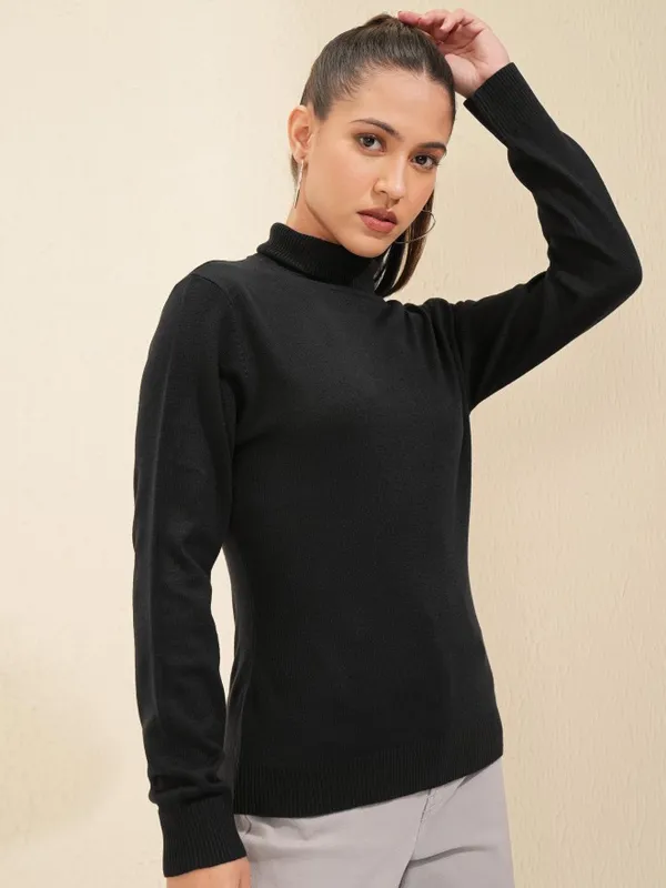 Tokyo Talkies Women Solid Jet Black Pullover Sweater
