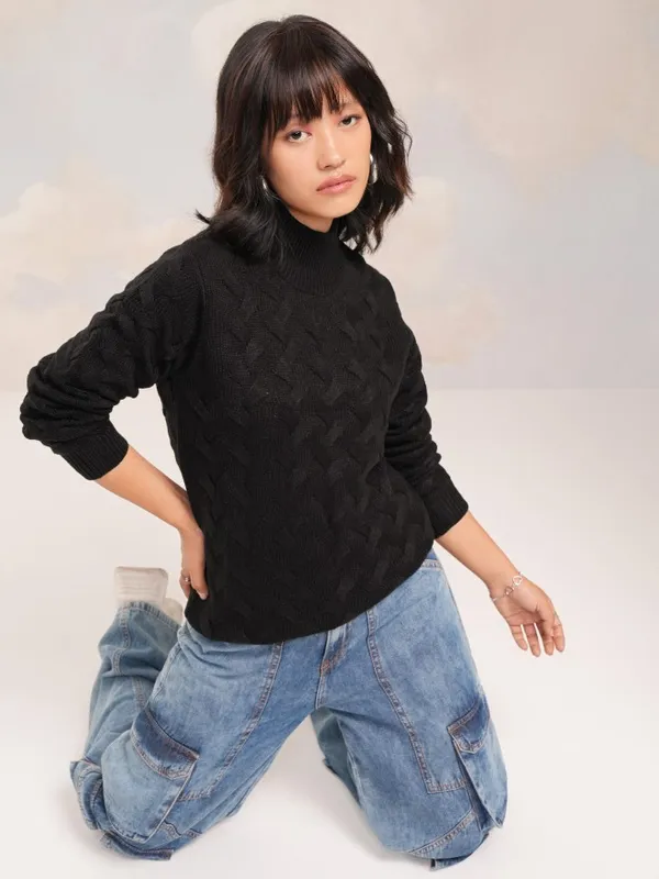 Tokyo Talkies Women Black Round Neck Sweater