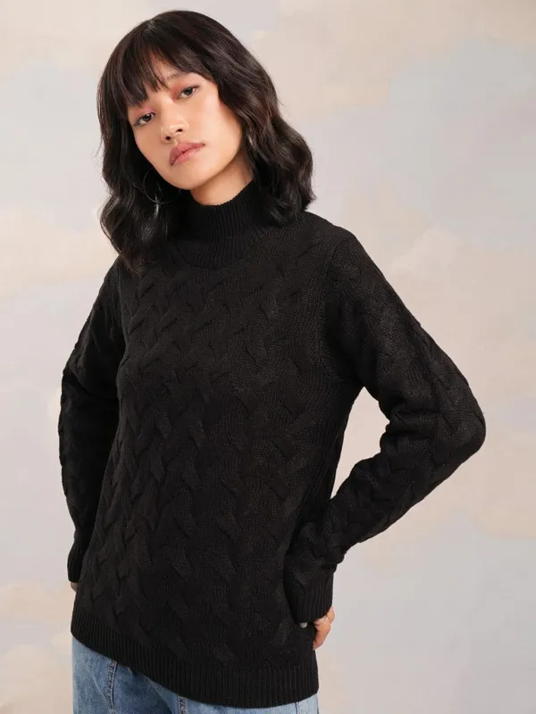 Tokyo Talkies Women Black Round Neck Sweater