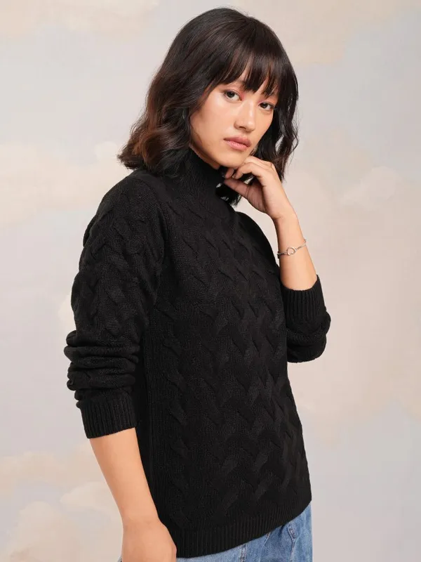 Tokyo Talkies Women Black Round Neck Sweater
