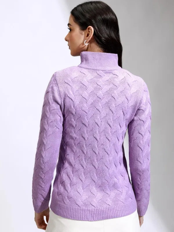 Tokyo Talkies Women Lavender Round Neck Sweater