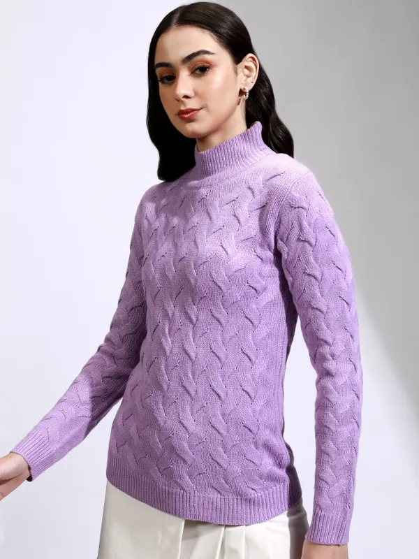 Tokyo Talkies Women Lavender Round Neck Sweater
