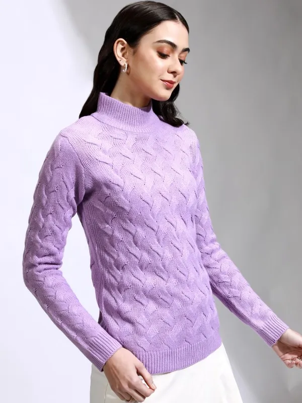 Tokyo Talkies Women Lavender Round Neck Sweater