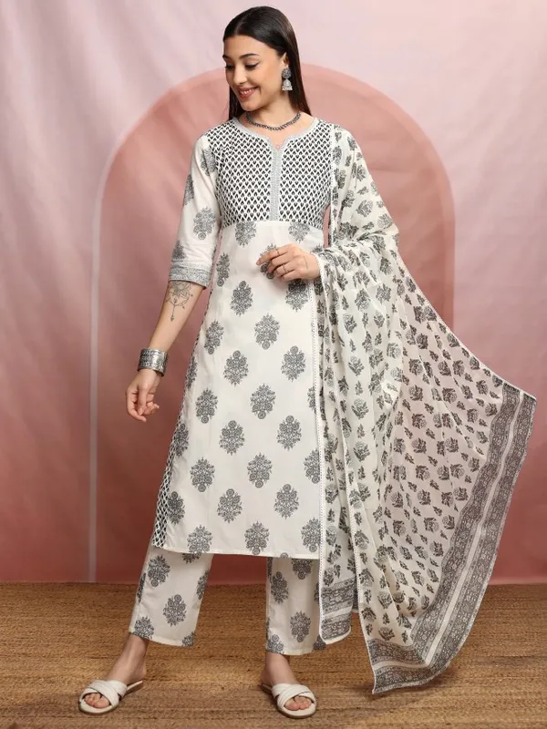 Vishudh Women Cream Printed Kurta With Trousers And Dupatta