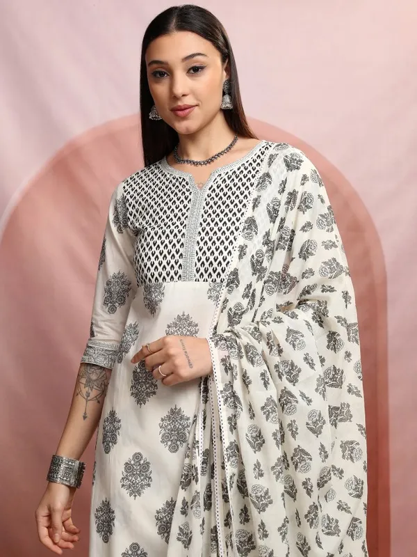 Vishudh Women Cream Printed Kurta With Trousers And Dupatta