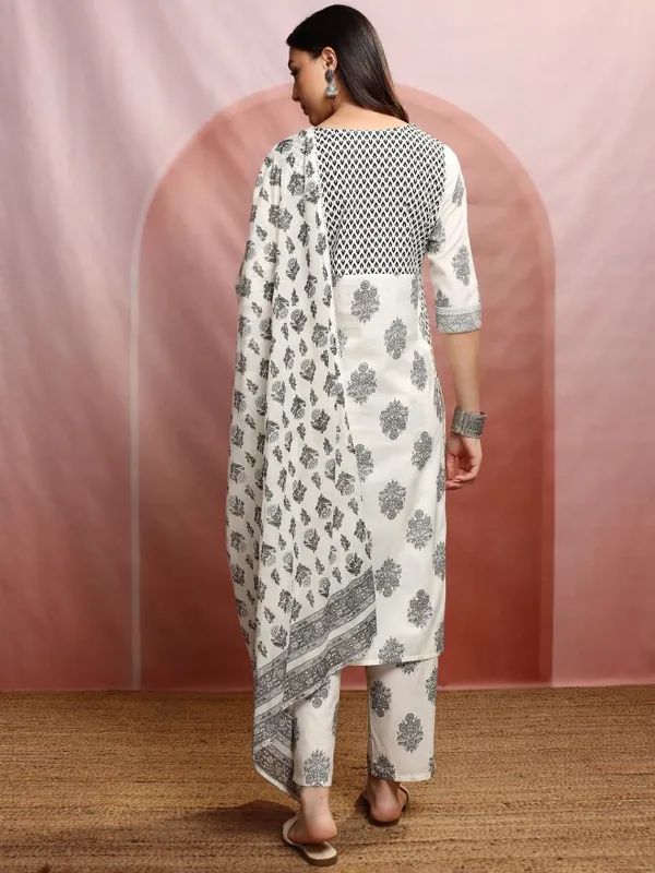 Vishudh Women Cream Printed Kurta With Trousers And Dupatta