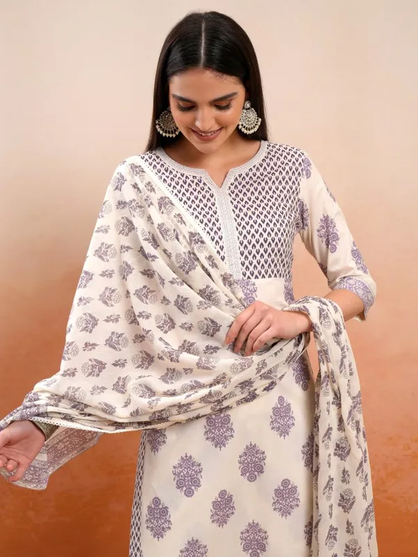 Vishudh Women Cream Printed Kurta With Trousers And Dupatta
