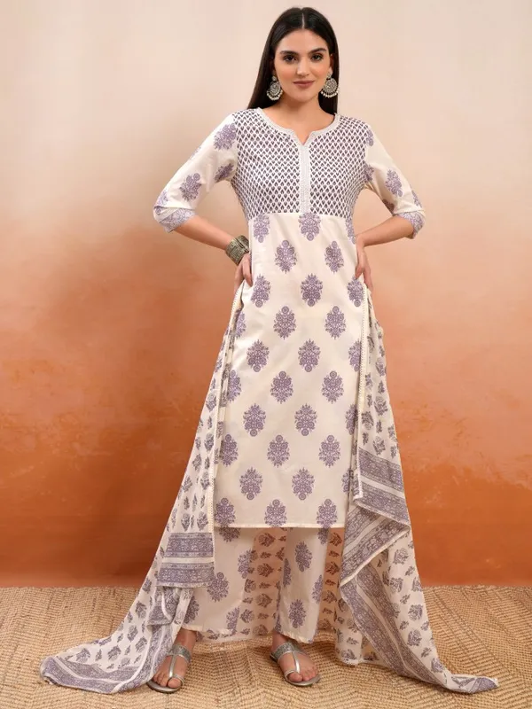 Vishudh Women Cream Printed Kurta With Trousers And Dupatta