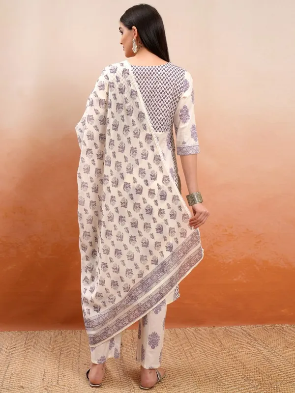 Vishudh Women Cream Printed Kurta With Trousers And Dupatta