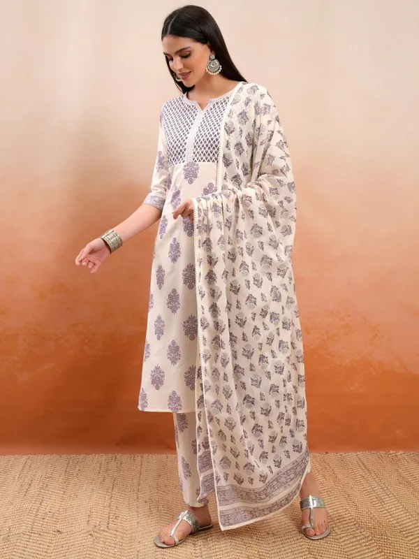 Vishudh Women Cream Printed Kurta With Trousers And Dupatta