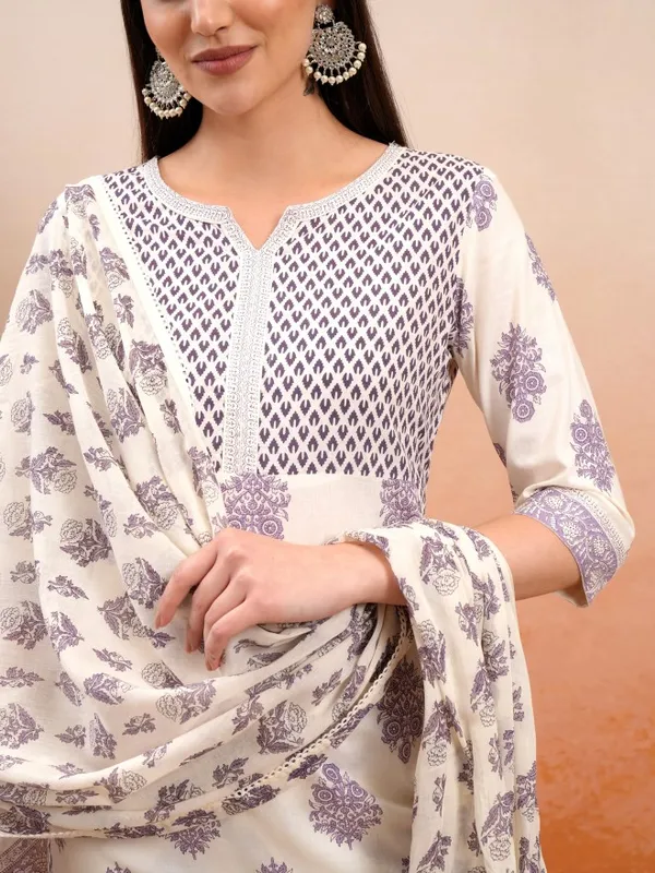 Vishudh Women Cream Printed Kurta With Trousers And Dupatta