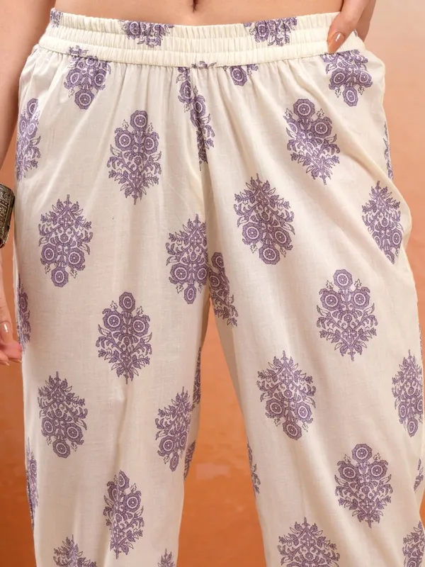 Vishudh Women Cream Printed Kurta With Trousers And Dupatta