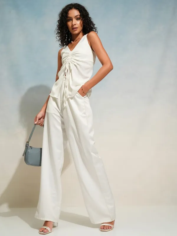 Tokyo Talkies Women Off White Solid Ruched Top
