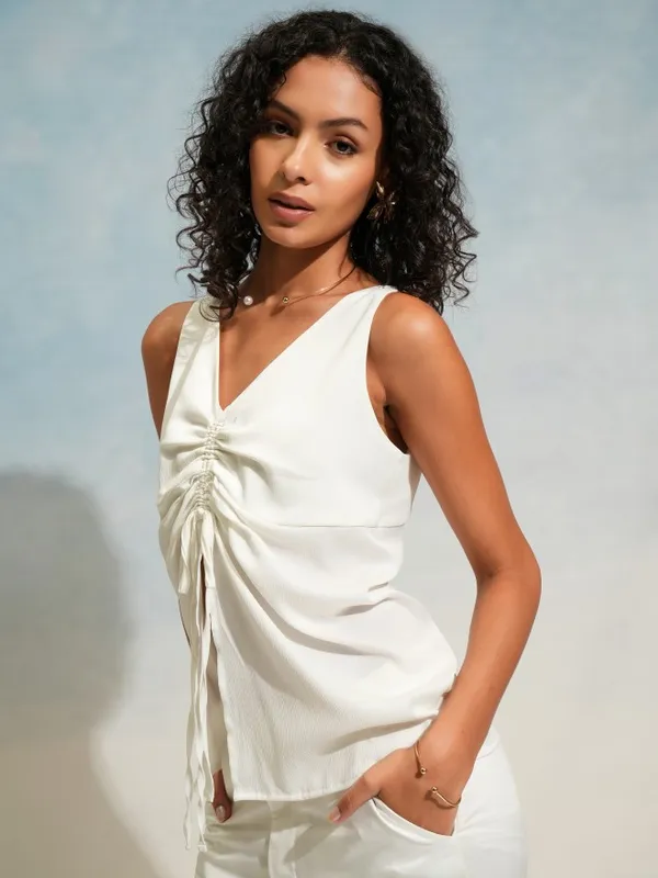 Tokyo Talkies Women Off White Solid Ruched Top