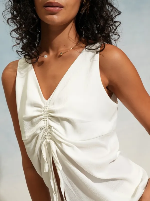 Tokyo Talkies Women Off White Solid Ruched Top