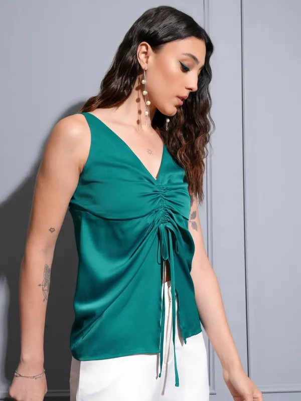 Tokyo Talkies Women Green Solid Ruched Top
