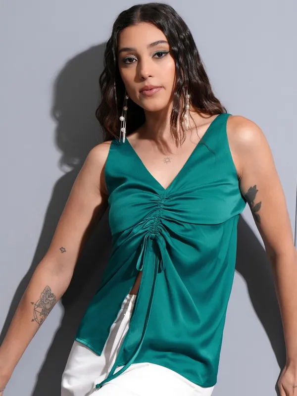 Tokyo Talkies Women Green Solid Ruched Top