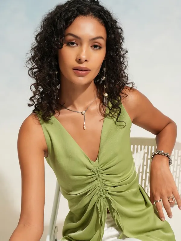 Tokyo Talkies Women Olive Solid Ruched Top