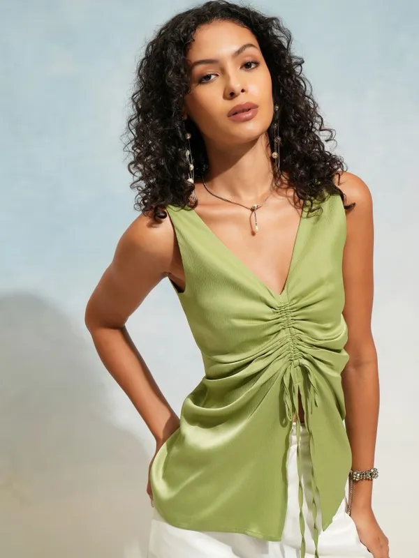 Tokyo Talkies Women Olive Solid Ruched Top