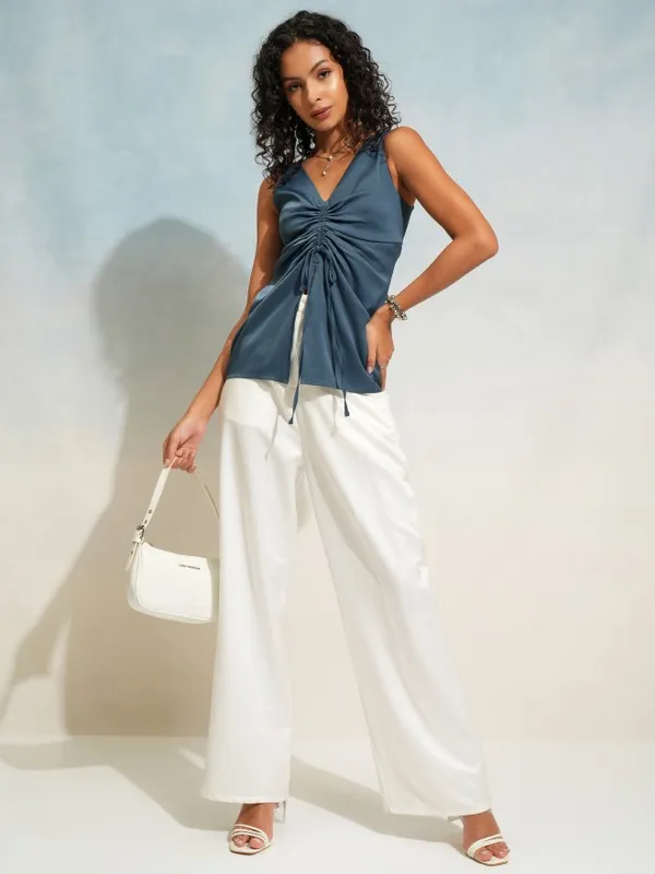 Tokyo Talkies Women Blue Solid Ruched Top