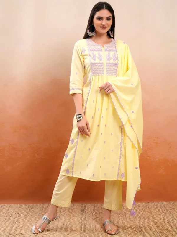 Vishudh Women Yellow Embroidered Kurta With Trousers And Dupatta