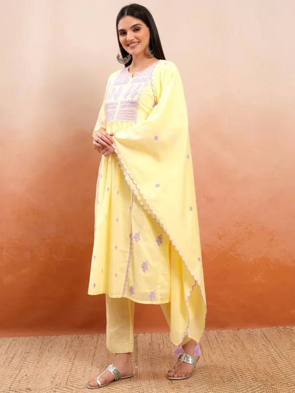Vishudh Women Yellow Embroidered Kurta With Trousers And Dupatta
