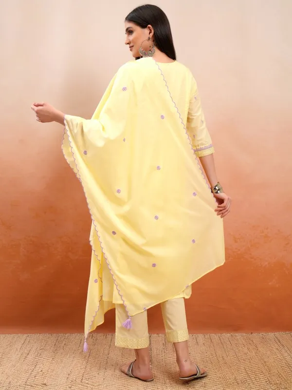 Vishudh Women Yellow Embroidered Kurta With Trousers And Dupatta
