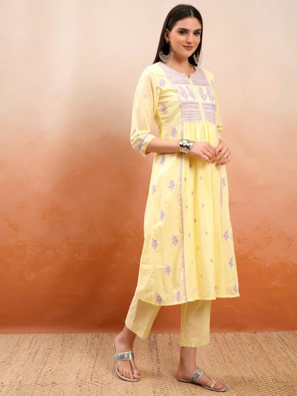 Vishudh Women Yellow Embroidered Kurta With Trousers And Dupatta