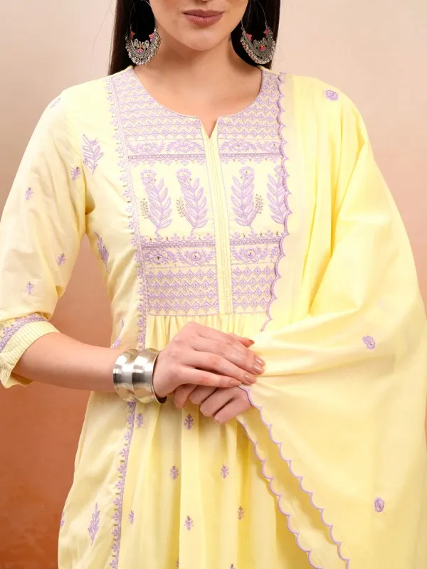 Vishudh Women Yellow Embroidered Kurta With Trousers And Dupatta