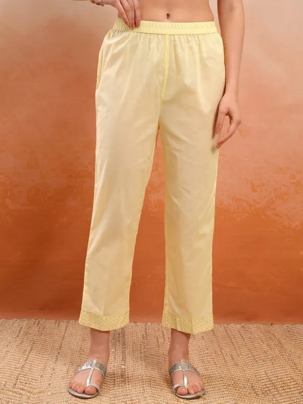 Vishudh Women Yellow Embroidered Kurta With Trousers And Dupatta