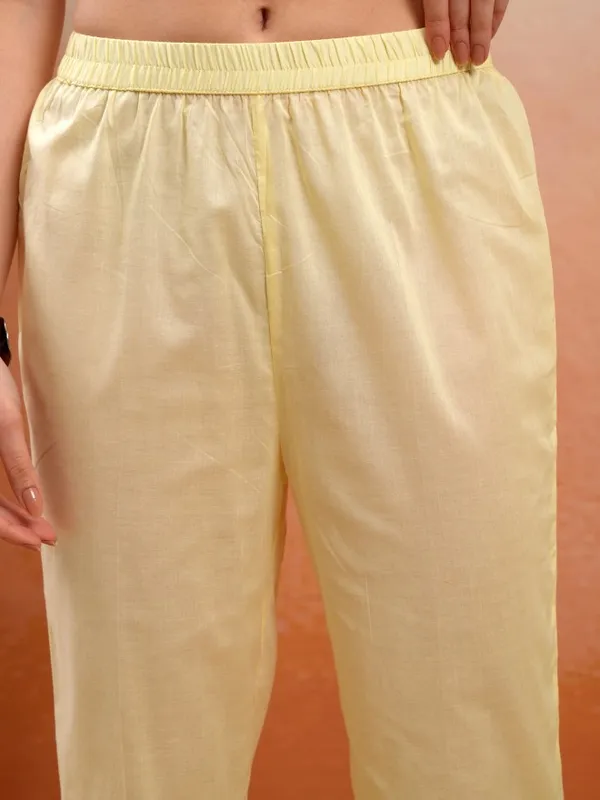 Vishudh Women Yellow Embroidered Kurta With Trousers And Dupatta