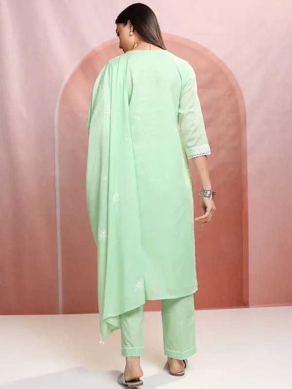 Vishudh Women Green Embroidered Kurta With Trouser And Dupatta