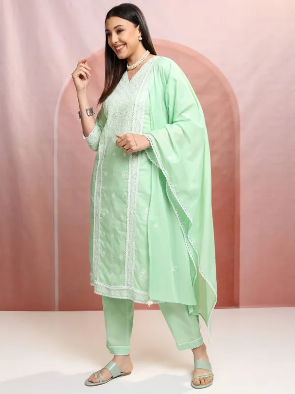 Vishudh Women Green Embroidered Kurta With Trouser And Dupatta