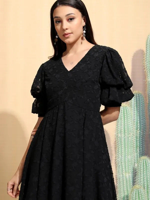 Tokyo Talkies Women Black Embroidered A-Line Dress