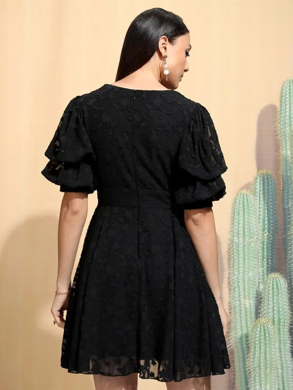 Tokyo Talkies Women Black Embroidered A-Line Dress