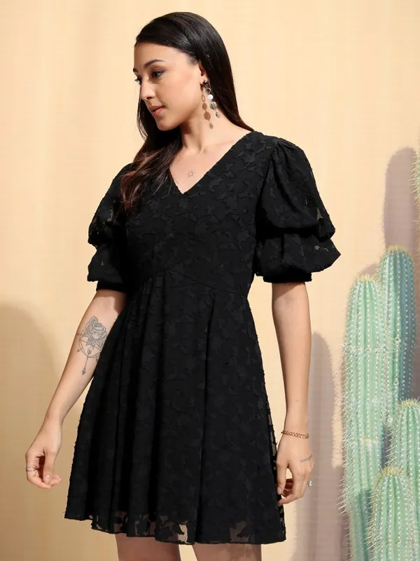 Tokyo Talkies Women Black Embroidered A-Line Dress