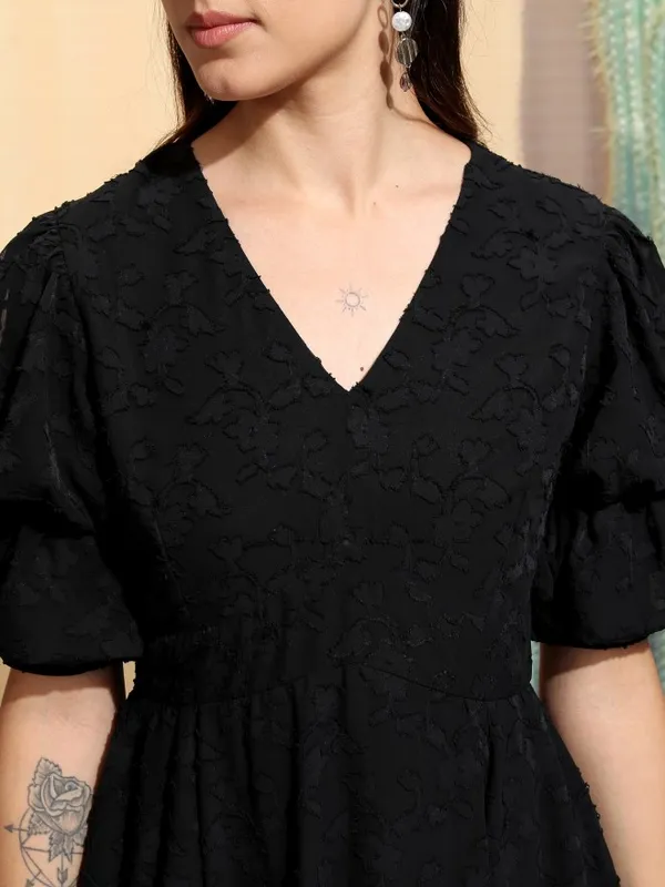 Tokyo Talkies Women Black Embroidered A-Line Dress