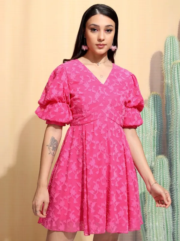 Tokyo Talkies Women Fuschia Purple V Neck Skater Dress