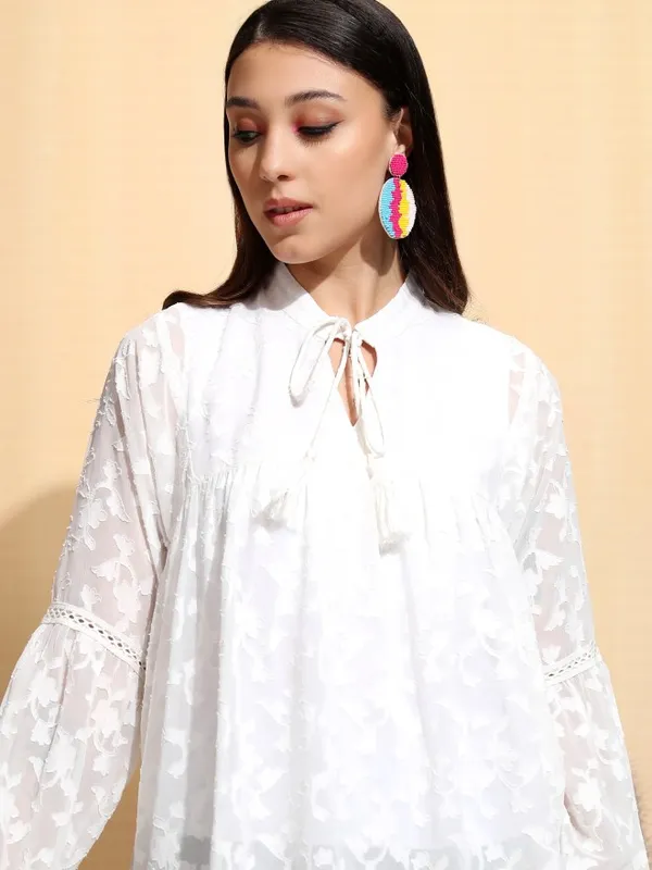 Tokyo Talkies Women White Embroidered Regular Top