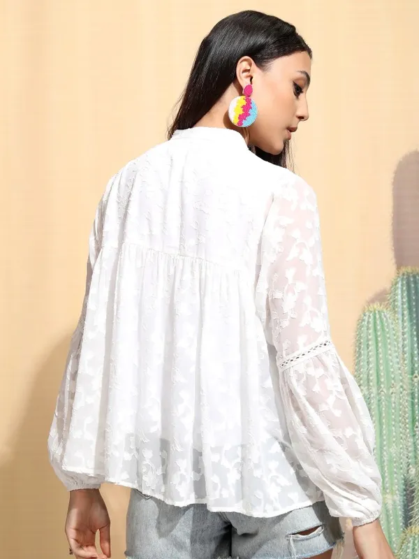 Tokyo Talkies Women White Embroidered Regular Top